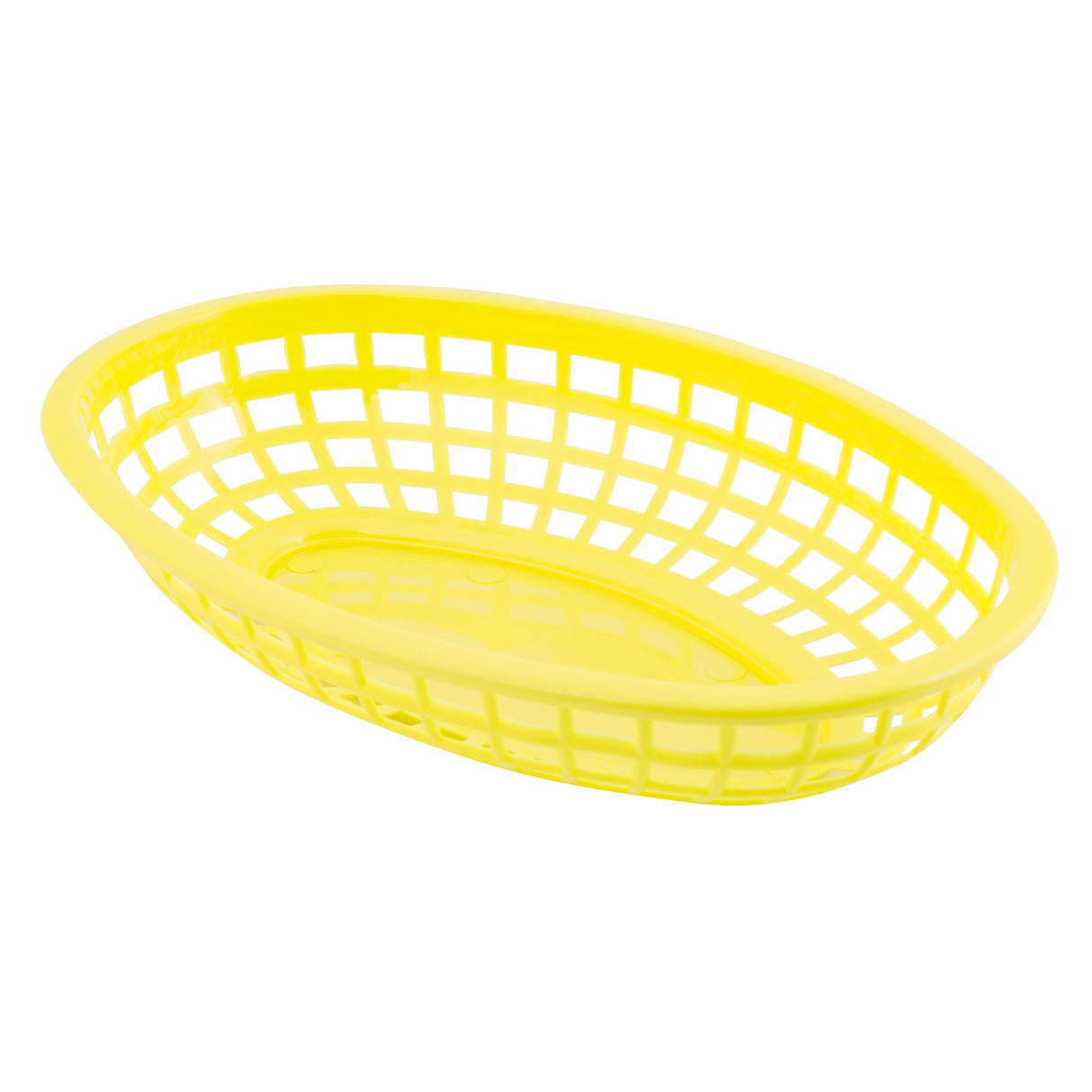 A bright yellow, oval-shaped Classic Basket with an open grid design. The heat resistant plastic basket is empty and photographed against a plain white background, showcasing its smooth edges and lightweight, airy construction.