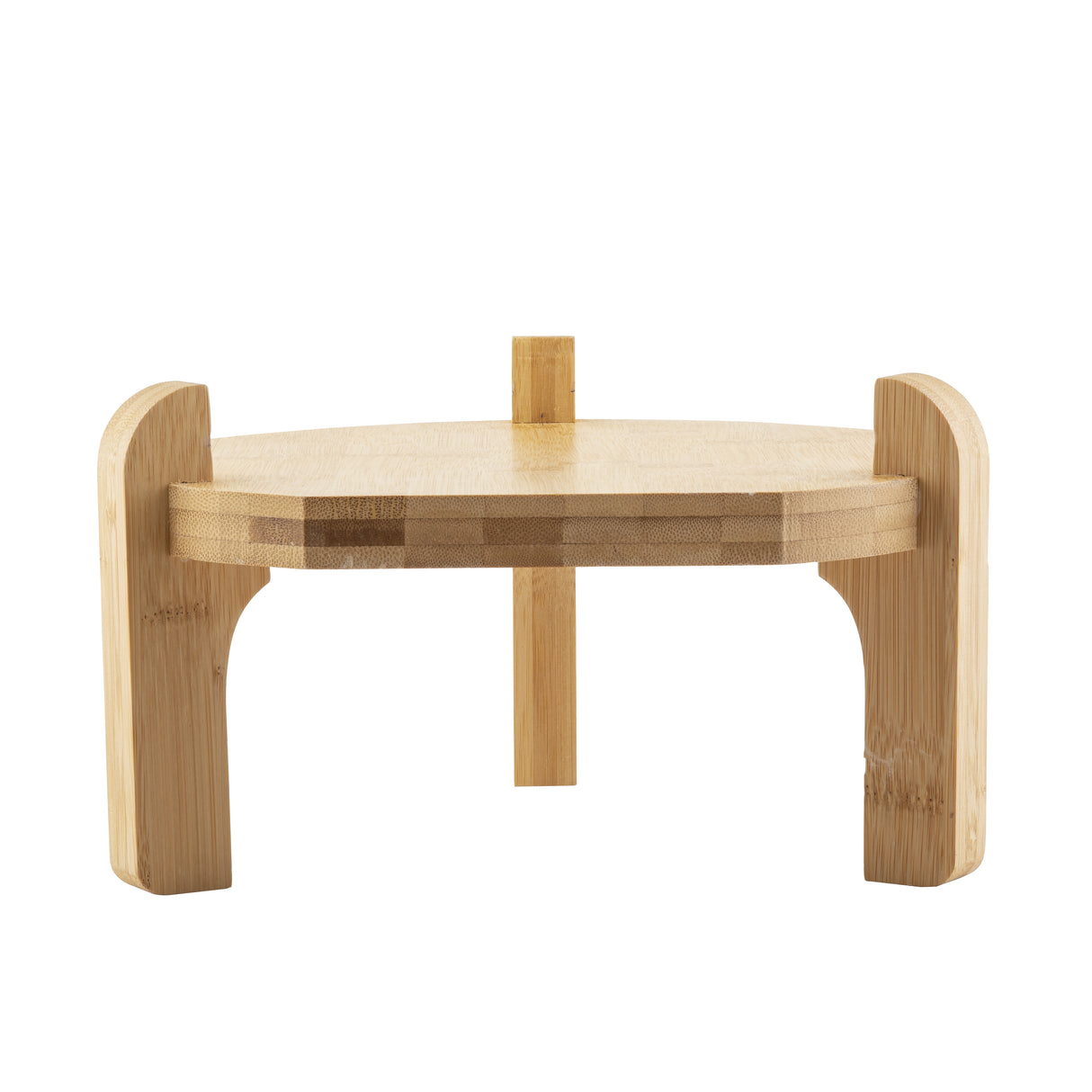 A small, round bamboo stool with two thick, curved legs and a vertical back support. Its minimalist TableCraft design shows visible wood grain, making it perfect as a beverage dispenser stand, photographed against a plain white background.