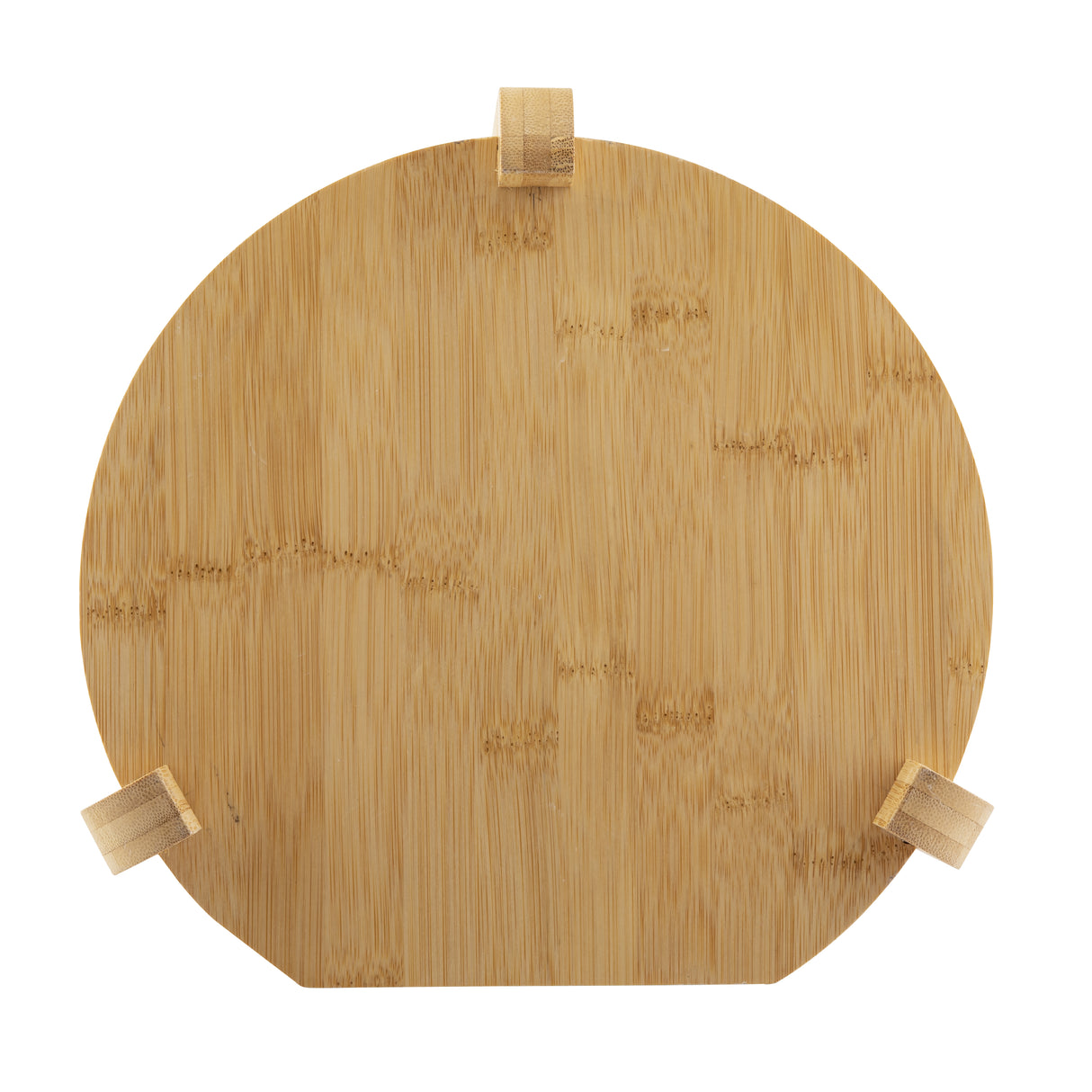 A round bamboo board with a smooth, light brown surface and three short wooden tabs evenly spaced along the top, lower left, and lower right edges. The wood grain is visible against a plain white background, perfect as a TableCraft beverage dispenser stand.