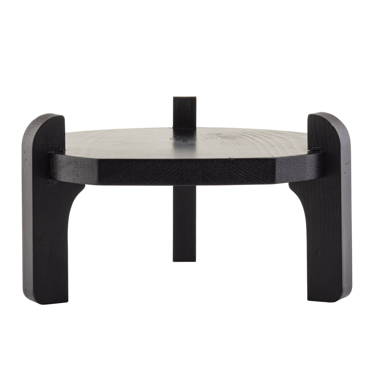 A small, modern, black pinewood stool with a round seat and three thick, curved legs. One leg extends above the seat, adding a sculptural touch. This minimalist piece doubles as a TableCraft beverage dispenser stand on any white background.