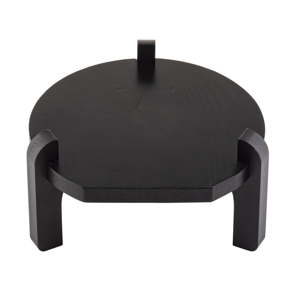 A round, black pinewood platform with three thick, angled legs and a small vertical tab at the back, set against a white background. The surface appears smooth, and the design is minimalist and modern—a stylish beverage dispenser stand by TableCraft.