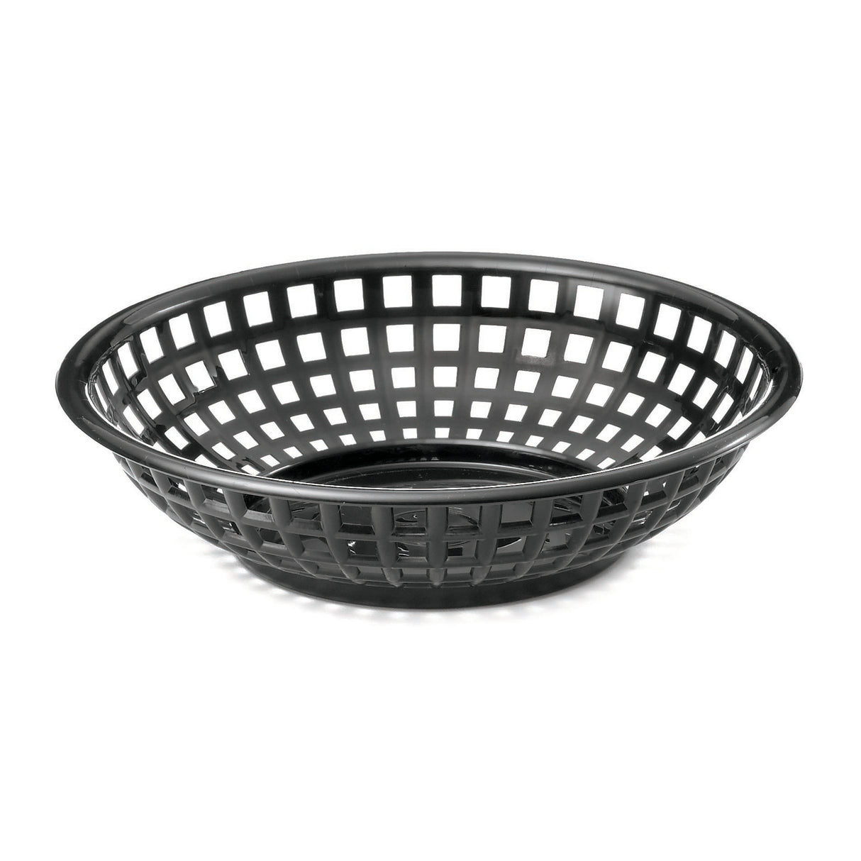 A black, round plastic serving basket with a grid-like, open lattice design. This shallow basket features a wide rim and is dishwasher safe, shown empty against a plain white background.