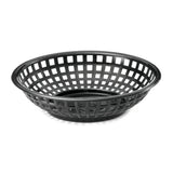 A black, round plastic serving basket with a grid-like, open lattice design. This shallow basket features a wide rim and is dishwasher safe, shown empty against a plain white background.
