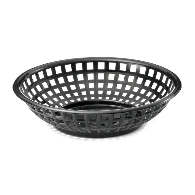 A black, round plastic serving basket with a grid-like, open lattice design. This shallow basket features a wide rim and is dishwasher safe, shown empty against a plain white background.