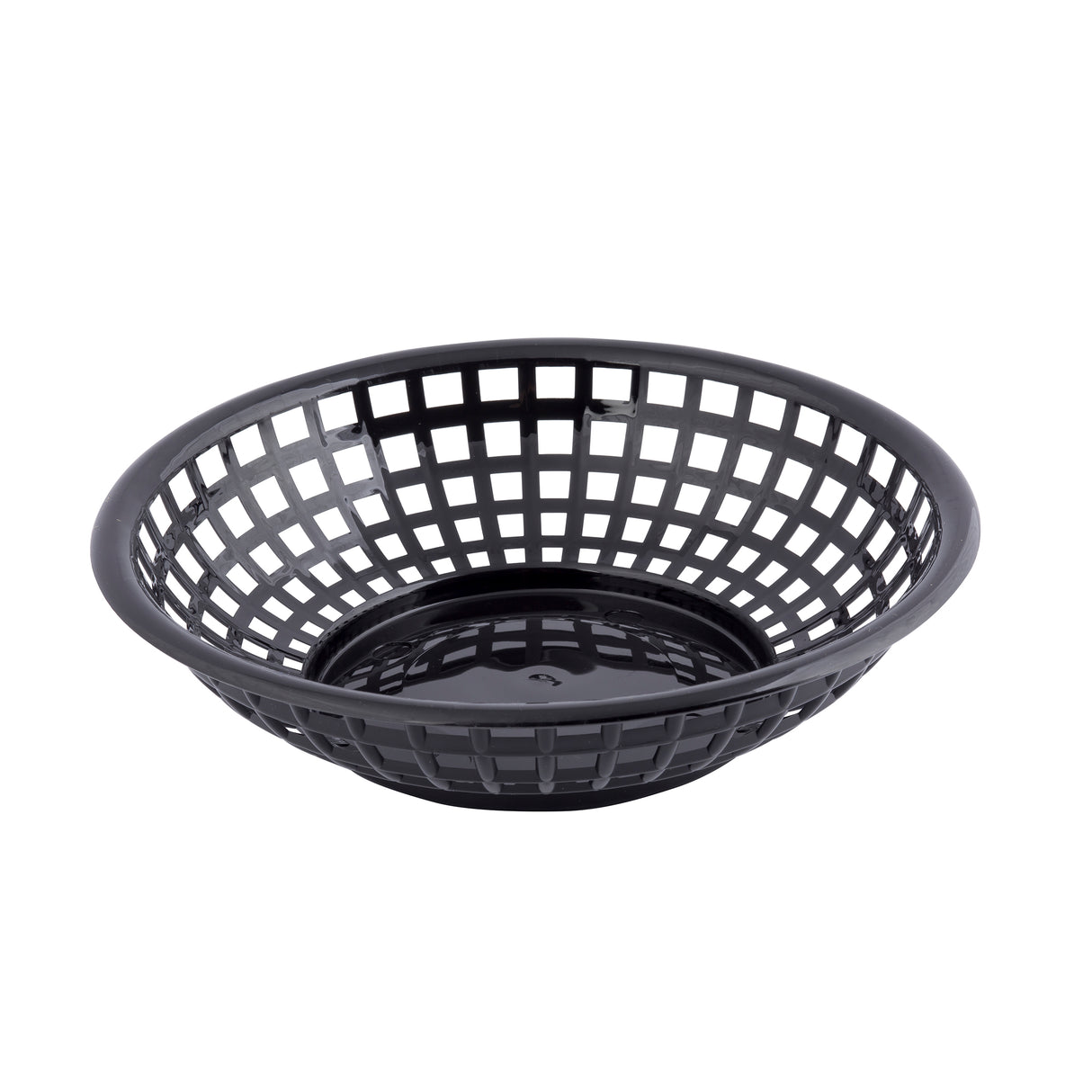 A round, shallow black plastic serving basket with a grid-like, open-weave design. The basket has a solid circular base and outwardly sloping sides with square openings. Dishwasher safe, it is empty and placed on a white background.