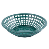 A round, teal-colored polypropylene serving basket with a lattice design and solid base. Its sides have evenly spaced square openings, giving it a mesh appearance. Heat resistant and empty, the basket sits against a plain white background.
