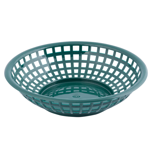 A round, teal-colored polypropylene serving basket with a lattice design and solid base. Its sides have evenly spaced square openings, giving it a mesh appearance. Heat resistant and empty, the basket sits against a plain white background.