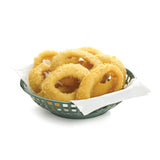 A green, heat-resistant polypropylene serving basket lined with white paper holds several golden, crispy breaded onion rings arranged in a stack, isolated on a white background.