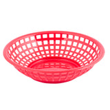 A bright red, round plastic Serving Basket with a grid-like, open-weave design. Made in USA, it features a flat bottom and flared sides—perfect for holding lightweight items like food or small objects. The background is plain white.