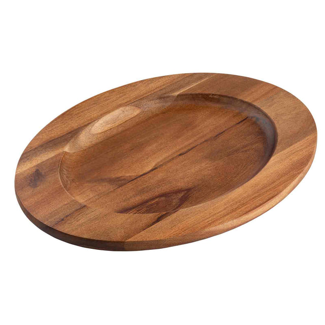 A round, shallow acacia wood plate with a smooth finish and prominent natural grain patterns, set against a white background. The plate features a slightly raised rim and recessed center, showcasing rich brown tones and subtle color variations.