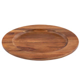 A round acacia wood plate with a shallow, wide bowl in the center. The smooth, polished finish highlights the natural grain and warm brown tones. The broad, flat rim frames the recessed area—perfect as an acacia underliner for serving.