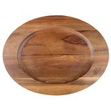 A round, shallow acacia wood plate with a smooth finish and visible natural grain patterns, viewed from above against a white background. The plate has a slightly raised rim and warm brown tones.