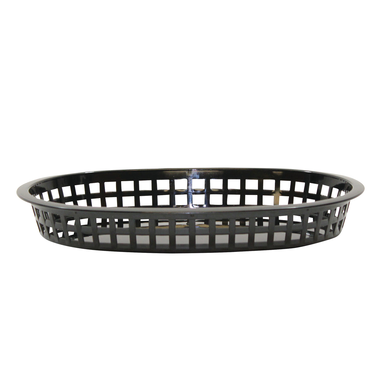 A black, oval-shaped Chicago Platter Basket with a grid-like open lattice design, viewed from the side on a white background. This microwave safe basket is empty, showing its low profile and raised rim.