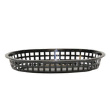 A black, oval-shaped Chicago Platter Basket with a grid-like open lattice design, viewed from the side on a white background. This microwave safe basket is empty, showing its low profile and raised rim.