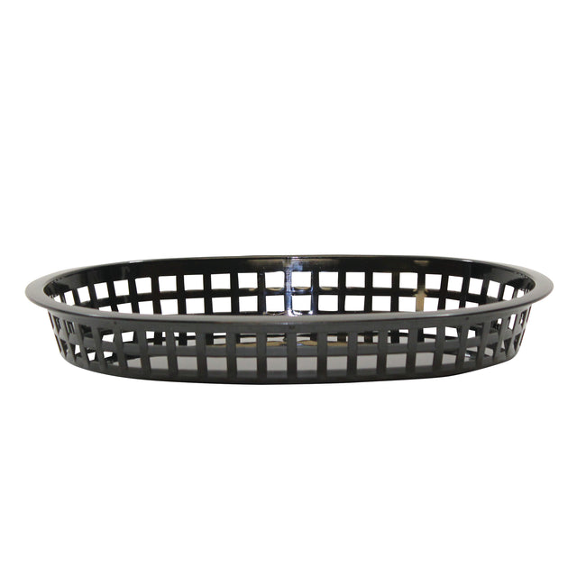 A black, oval-shaped Chicago Platter Basket with a grid-like open lattice design, viewed from the side on a white background. This microwave safe basket is empty, showing its low profile and raised rim.