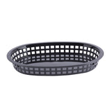 A black, oval-shaped Chicago Platter Basket with an open grid pattern along the sides. This microwave safe basket is empty and sits on a white background, highlighting its shallow depth and clean, simple design.