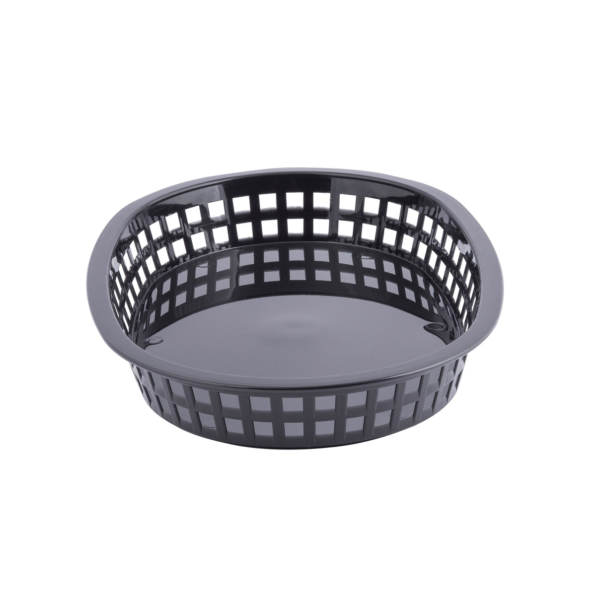 A round, black plastic Chicago Platter Basket with open square grid sides and a solid flat base, set against a white background. Microwave safe and heat resistant, this basket has slightly outward-curving edges and is empty.