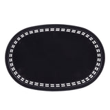 A black, oval-shaped Chicago Platter Basket with a solid center and a border of evenly spaced rectangular cutouts. This heat resistant platter basket features a smooth, glossy surface and a slightly raised rim. The background is plain and white.