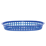 A shallow, oval-shaped Chicago Platter Basket made of blue plastic with a grid-like, open-weave pattern along the sides, photographed on a plain white background. Heat resistant and microwave safe for versatile use.