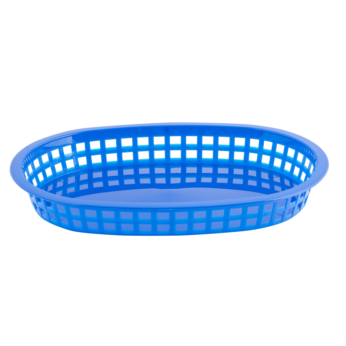 A bright blue, oval-shaped Chicago Platter Basket with a grid-like pattern of square holes along the sides. This dishwasher safe basket features a solid bottom, a smooth raised rim, and is photographed empty against a white background.