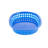 A blue, round plastic Chicago Platter Basket with open grid sides and a solid base, shown on a white background. This shallow, smooth-rimmed basket is dishwasher safe and ideal for storing or organizing small items.