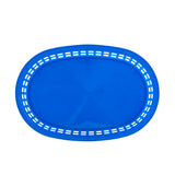 An oval-shaped, bright blue Chicago Platter Basket photographed from above, featuring a solid base and rectangular holes forming an openwork pattern around its rim; this heat resistant platter basket is set against a white background.