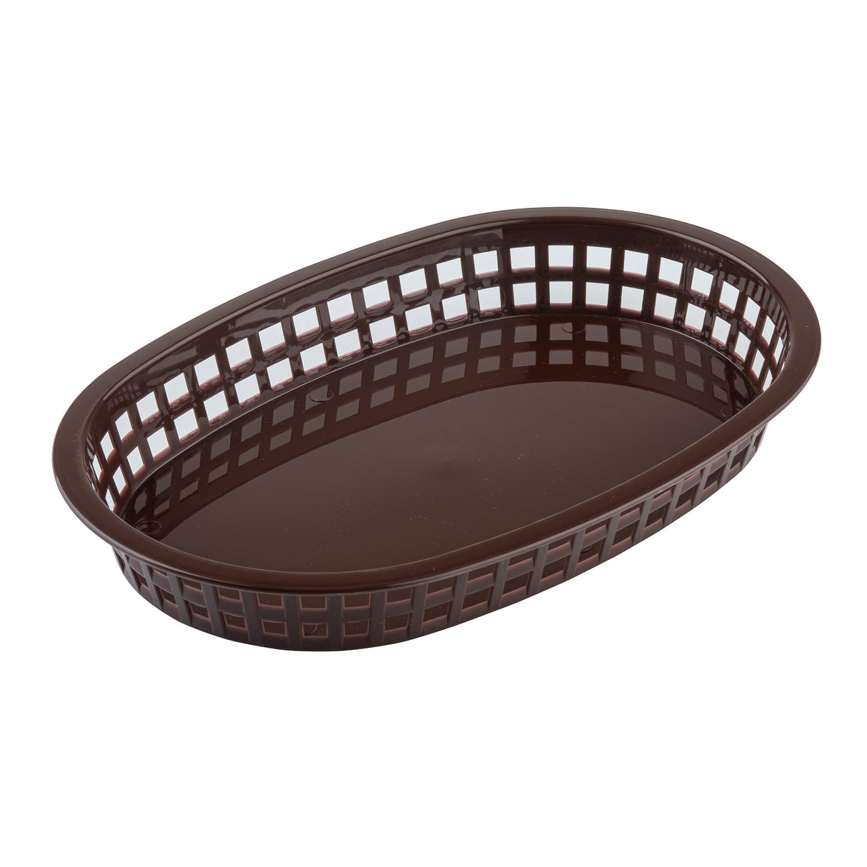 A dark brown, oval-shaped Chicago Platter Basket with a solid base and lattice-style open grid sides. This heat resistant platter basket is empty and set against a plain white background.