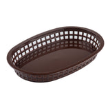 A dark brown, oval-shaped Chicago Platter Basket with a solid base and lattice-style open grid sides. This heat resistant platter basket is empty and set against a plain white background.