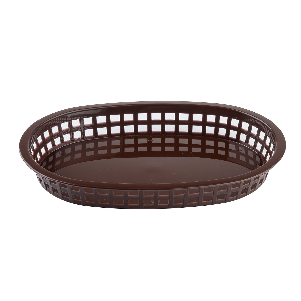 A brown, oval-shaped Chicago Platter Basket with a solid base and open grid-style sides, photographed on a white background. Lightweight and heat resistant, this basket is ideal for serving fries or bread and is dishwasher safe for easy cleanup.