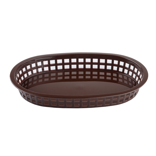 A brown, oval-shaped Chicago Platter Basket with a solid base and open grid-style sides, photographed on a white background. Lightweight and heat resistant, this basket is ideal for serving fries or bread and is dishwasher safe for easy cleanup.