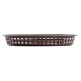 A brown, oval-shaped Chicago Platter Basket with a grid-like, open-weave design. Viewed from the side on a white background, this heat resistant platter basket features slotted sides and a low profile.
