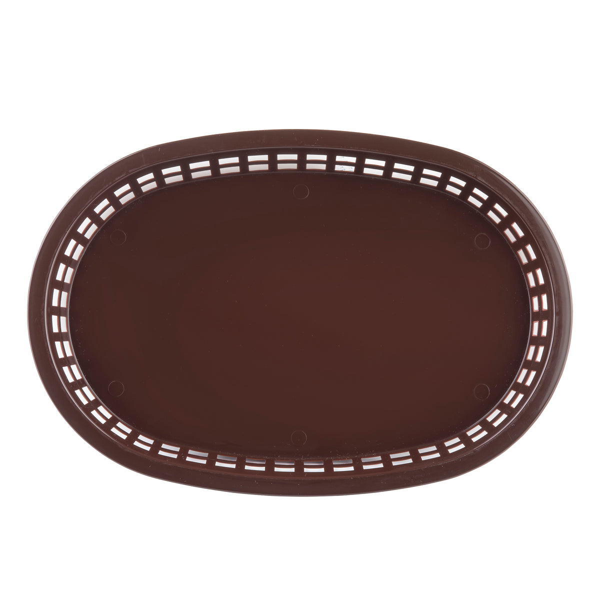 A top-down view of a brown, oval-shaped Chicago Platter Basket with a solid bottom and a rim featuring rectangular cut-out patterns. The surface is smooth, unadorned, and the heat resistant platter basket is empty.