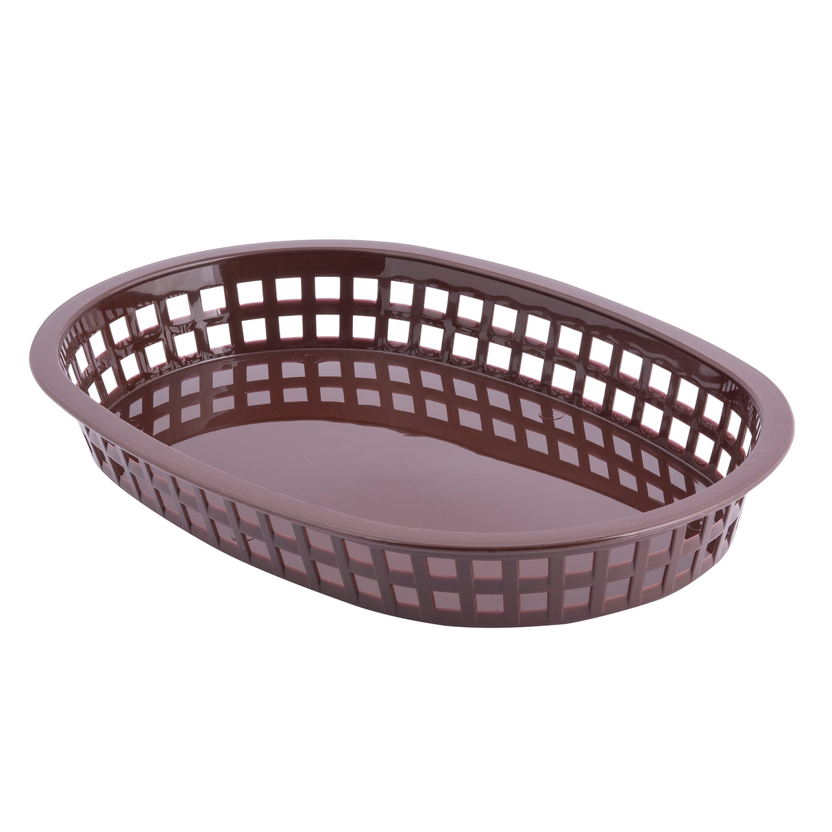 A brown oval-shaped Chicago Platter Basket with a grid-like pattern of square holes and a solid, smooth base. This heat resistant platter basket is empty and sits on a white background.