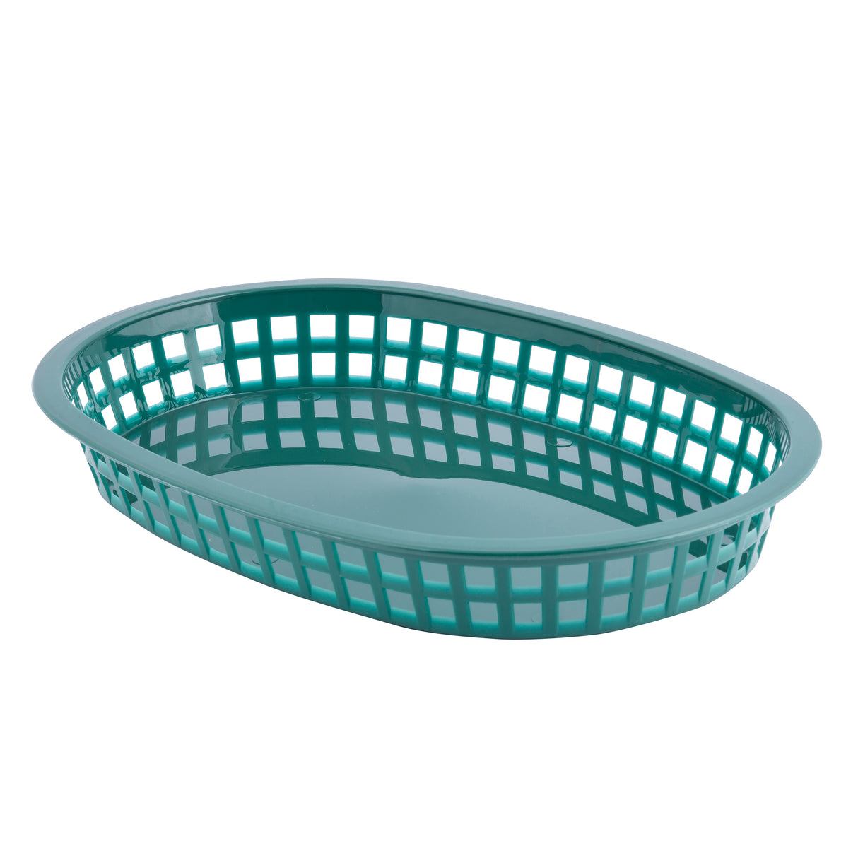 A green, oval-shaped Chicago Platter Basket with an open grid pattern on the sides and a solid base, shown on a white background. This lightweight, dishwasher safe basket is ideal for serving fries, sandwiches, or snacks.
