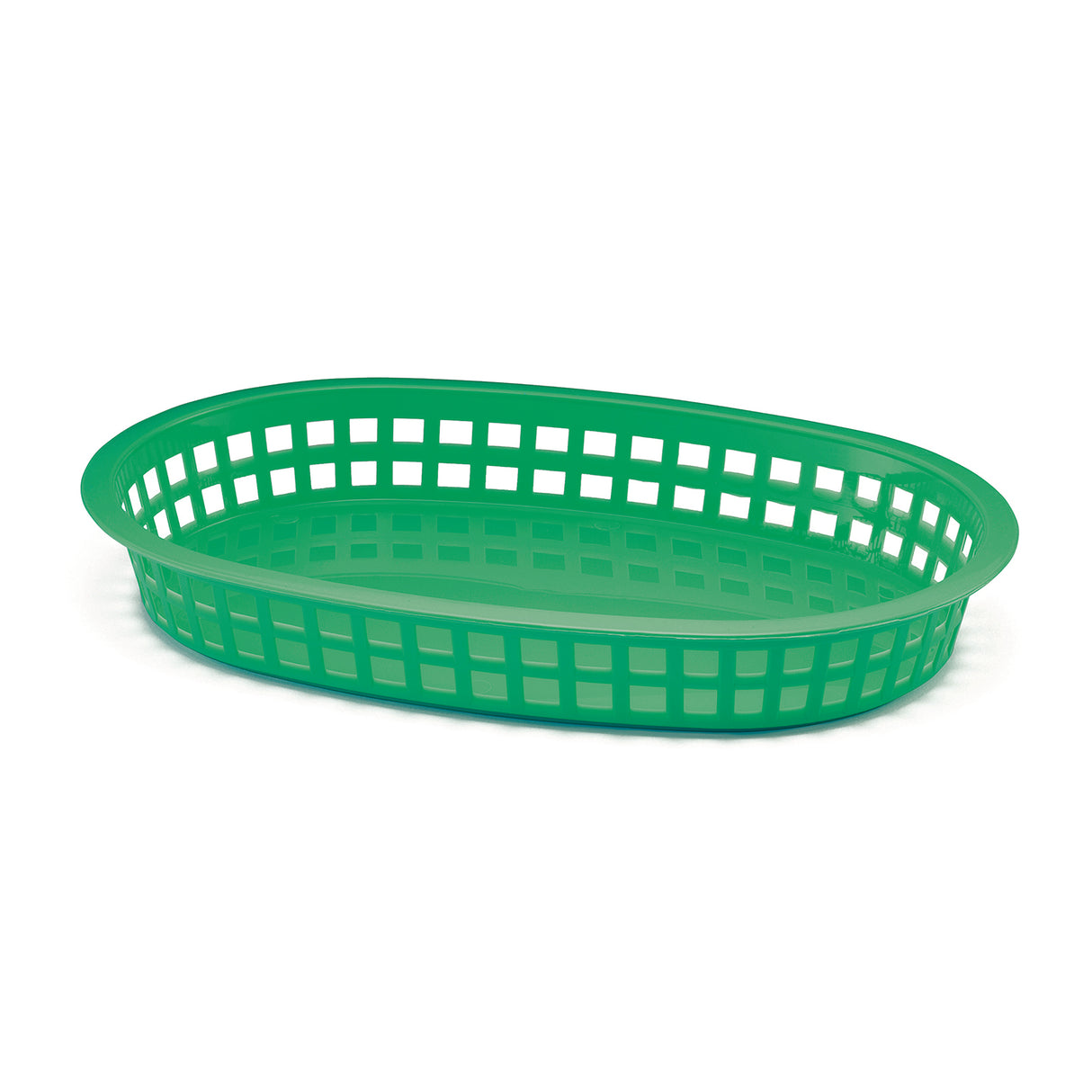 A green, oval-shaped Chicago Platter Basket with a solid base and open grid sides sits on a white background. The basket is empty, heat resistant, dishwasher safe, and features evenly spaced rectangular holes around the sides.