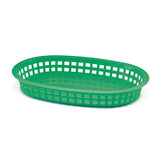 A green, oval-shaped Chicago Platter Basket with a solid base and open grid sides sits on a white background. The basket is empty, heat resistant, dishwasher safe, and features evenly spaced rectangular holes around the sides.