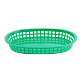 A green, oval-shaped Chicago Platter Basket with open lattice sides and a solid base, photographed on a white background. The basket features low sides, a simple, functional design, and is dishwasher safe for easy cleaning.