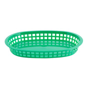 A green, oval-shaped Chicago Platter Basket with open lattice sides and a solid base, photographed on a white background. The basket features low sides, a simple, functional design, and is dishwasher safe for easy cleaning.