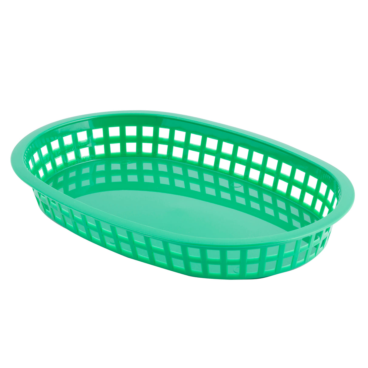A green plastic oval Chicago Platter Basket with a solid base and lattice-patterned sides. Shallow, heat resistant, and dishwasher safe, it's ideal for serving fries or snacks in restaurants or at home. The background is plain white.