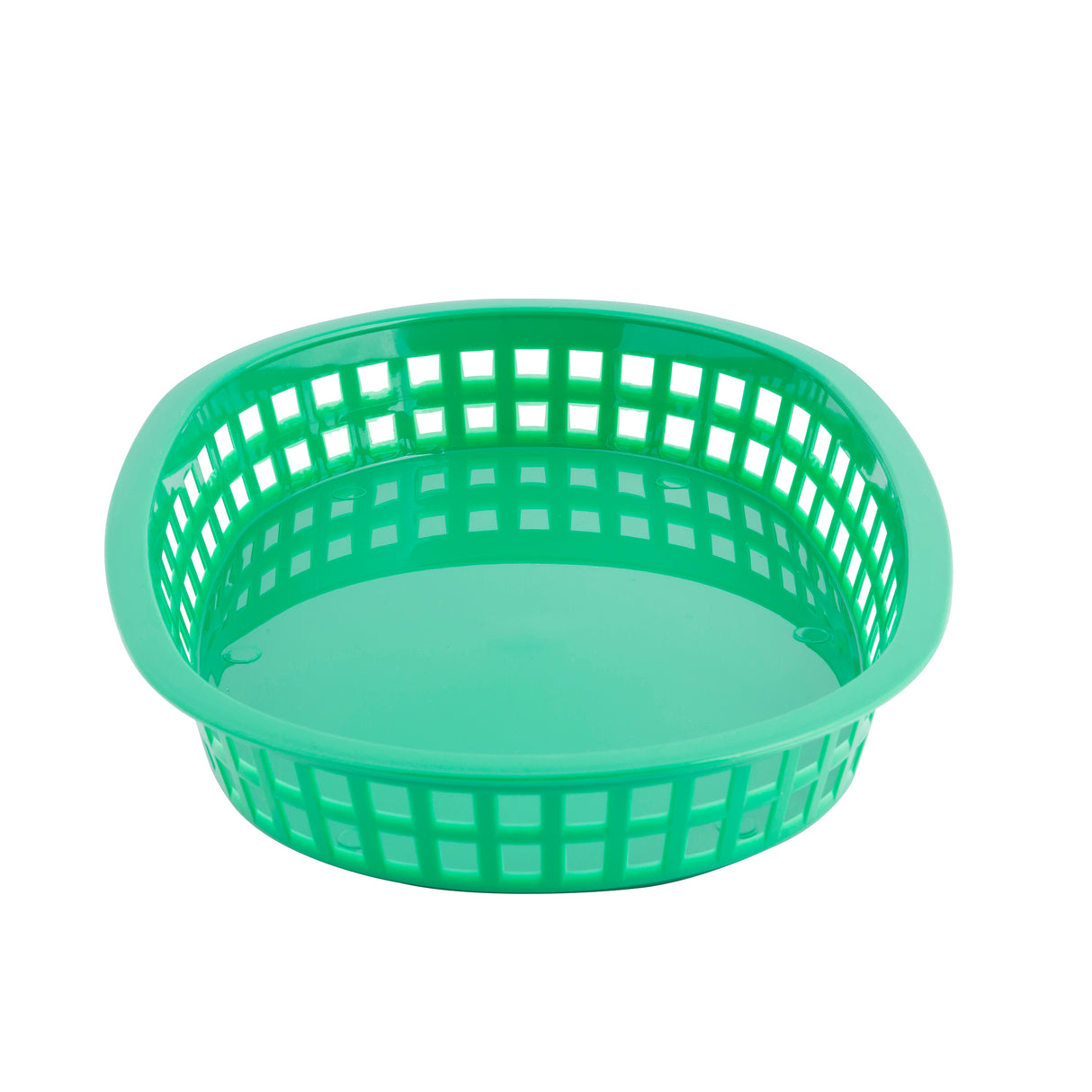 A round, green plastic Chicago Platter Basket with a solid base and open grid sides is shown on a white background. Lightweight and dishwasher safe, this basket is perfect for holding small items or food.