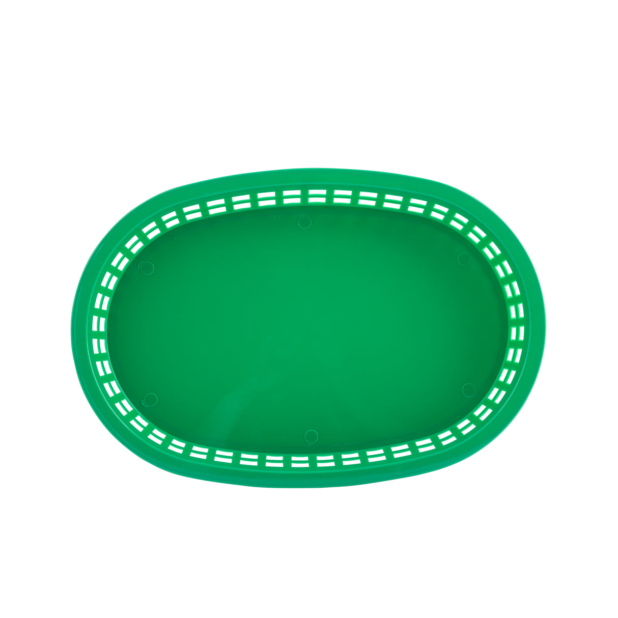 A green, oval-shaped Chicago Platter Basket viewed from above. The basket has a solid base and a rim with rectangular cutout holes around the edge. Its vibrant, solid green design is both smooth and dishwasher safe.