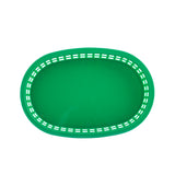 A green, oval-shaped Chicago Platter Basket viewed from above. The basket has a solid base and a rim with rectangular cutout holes around the edge. Its vibrant, solid green design is both smooth and dishwasher safe.