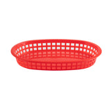 A red, oval-shaped Chicago Platter Basket with a grid-like pattern on the sides and a solid bottom, made in USA and heat resistant, shown on a plain white background.