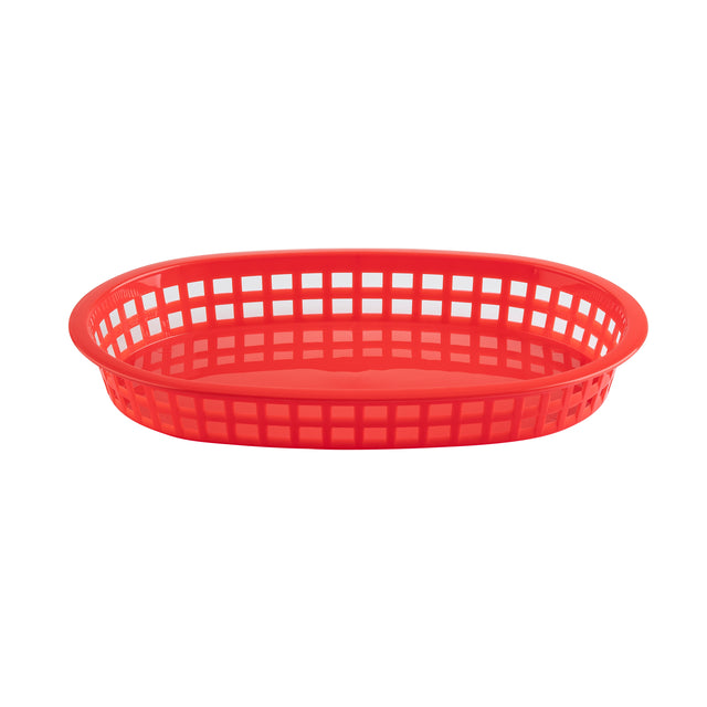 A red, oval-shaped Chicago Platter Basket with a grid-like pattern on the sides and a solid bottom, made in USA and heat resistant, shown on a plain white background.