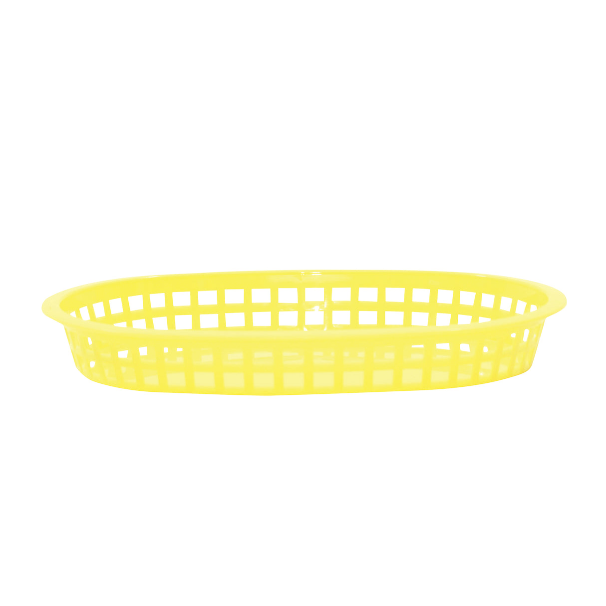 A bright yellow polypropylene basket with an open grid design and low sides, this airy Chicago Platter Basket is lightweight and ideal for serving. Photographed against a plain white background.