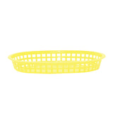 A bright yellow polypropylene basket with an open grid design and low sides, this airy Chicago Platter Basket is lightweight and ideal for serving. Photographed against a plain white background.