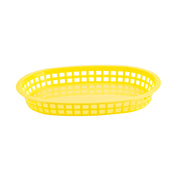 A bright yellow polypropylene basket, oval-shaped with a grid-like open weave along the sides. This Chicago Platter Basket features a smooth, solid base and is photographed against a plain white background.