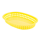 A yellow polypropylene Chicago Platter Basket with a solid base and open grid sides, shown on a white background. This lightweight, heat resistant platter basket is commonly used for serving fries or sandwiches in restaurants or diners.