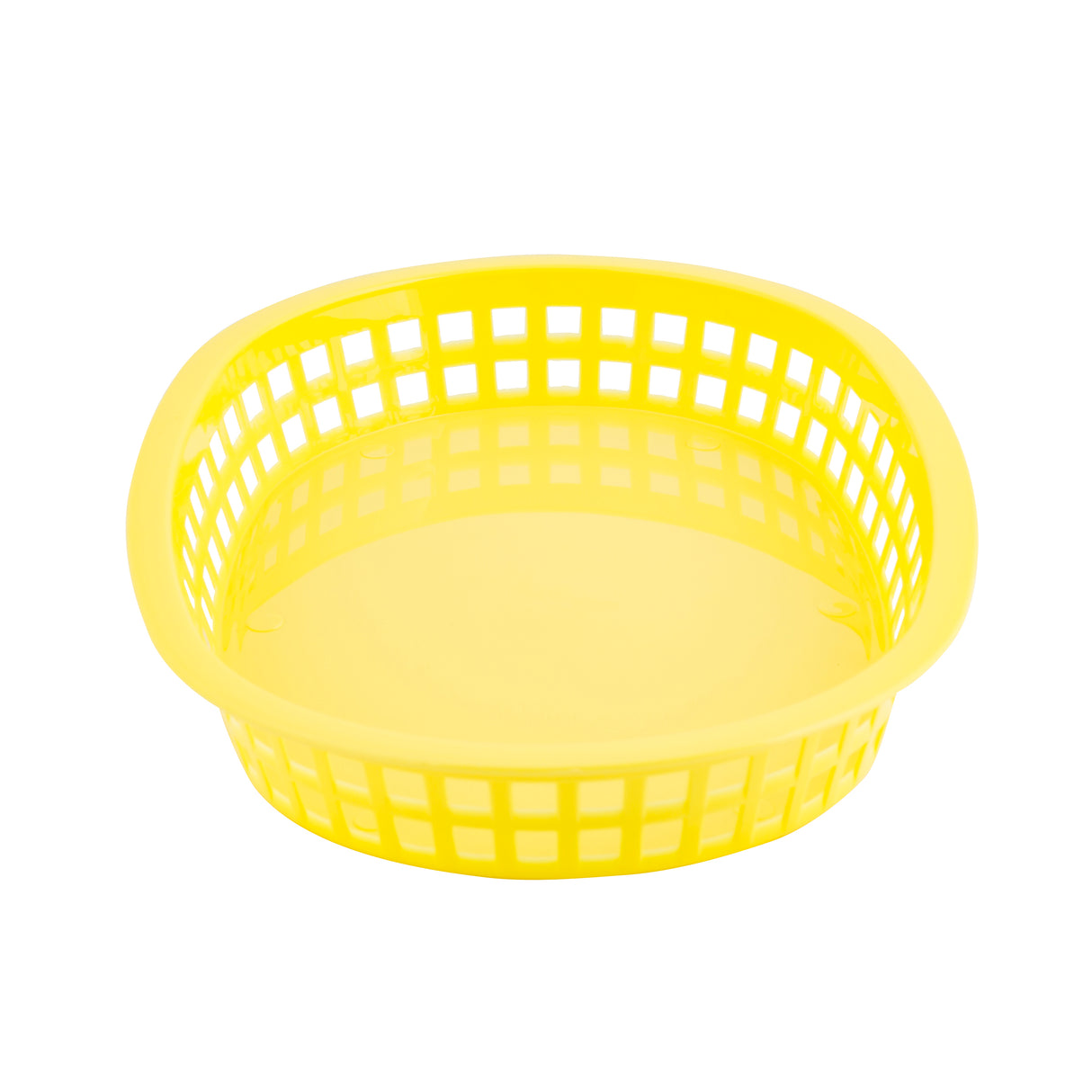 A bright yellow polypropylene basket with an open grid design on the sides and a solid bottom, photographed on a white background. This Chicago Platter Basket is empty and viewed from a slightly elevated angle.