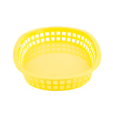 A bright yellow polypropylene basket with an open grid design on the sides and a solid bottom, photographed on a white background. This Chicago Platter Basket is empty and viewed from a slightly elevated angle.